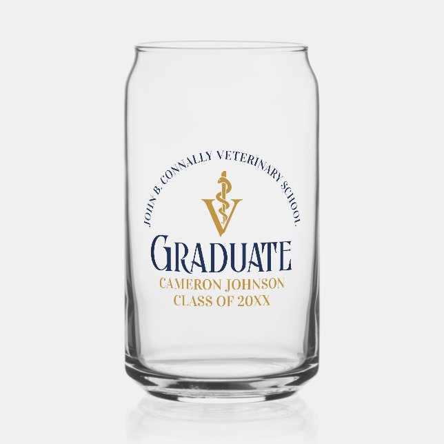 Navy Blue Gold Veterinary School Graduation Custom Can Glass (Front)