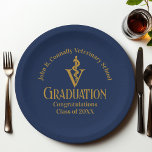 Navy Blue Gold Veterinary School Graduation Party Paper Plate<br><div class="desc">This modern custom navy blue veterinary medicine school graduation party paper plate features the college graduate name in elegant gold script for the class of 2025. Customize with your university under the veterinarian medical caduceus for great commemorative graduation decor for a DVM.</div>