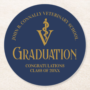 Navy Blue Gold Veterinary School Graduation Party Round Paper Coaster