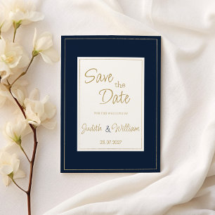 Navy blue gold vintage calligraphy Save the Date Invitation