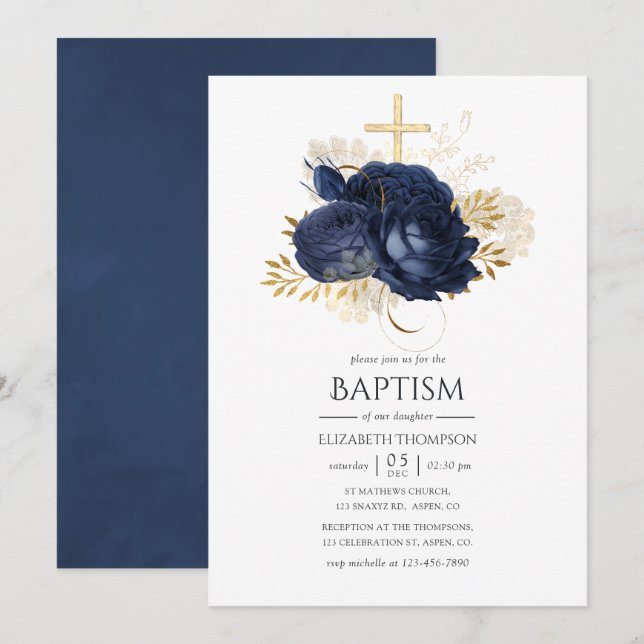 Navy Blue & Gold Vintage Shabby Roses Baptism Invitation (Front/Back)
