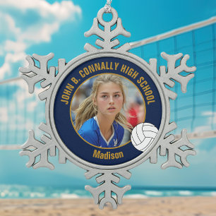 Navy Blue Gold Volleyball Player Photo High School Snowflake Pewter Christmas Ornament