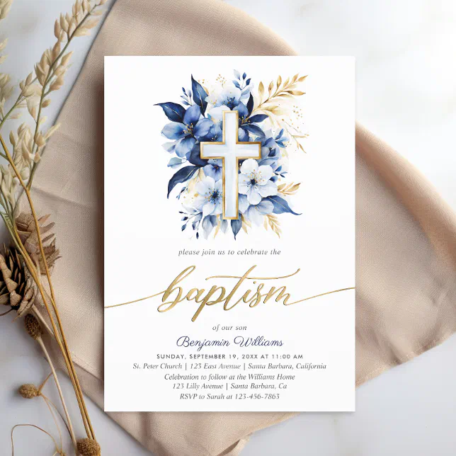 Navy Blue & Gold Watercolor Baptism Invitation | Zazzle