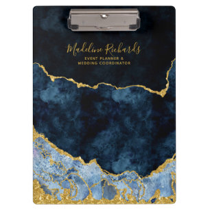 Navy Blue & Gold Watercolor Marble Agate Gilded Clipboard