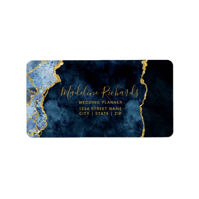 Navy Blue & Gold Watercolor Marble Agate Gilded Label (Front)