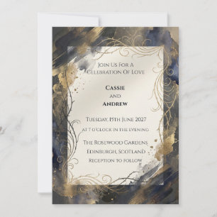 Navy Blue Gold Watercolor Swirl Wedding Invitation