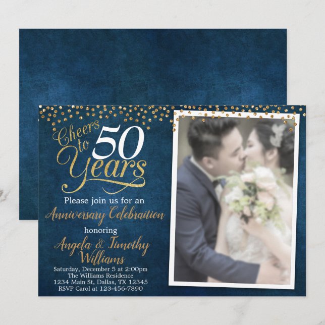 Navy Blue Gold Wedding Anniversary Invitation (Front/Back)