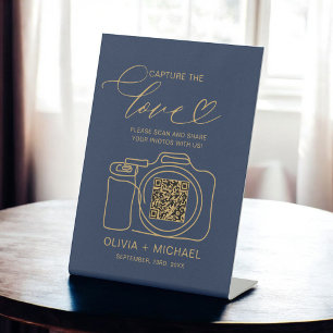 Navy Blue Gold Wedding Capture The Love QR Code  Pedestal Sign