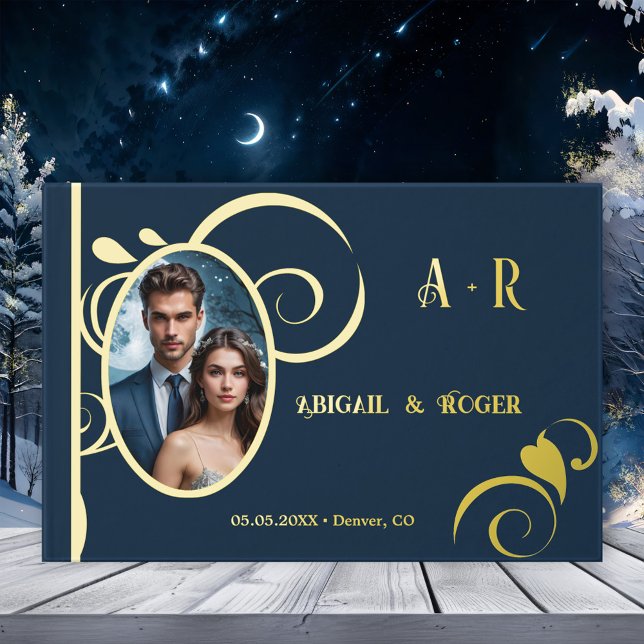 Navy Blue Gold Wedding Custom Photo Real Foil  Guest Book (Real foil wedding guest book with your custom photos framed by elegant swirls on navy blue)