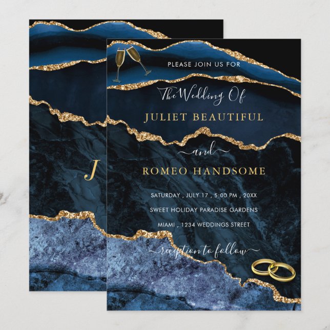 Navy Blue Gold Wedding Invitation Design Your Own (Front/Back)