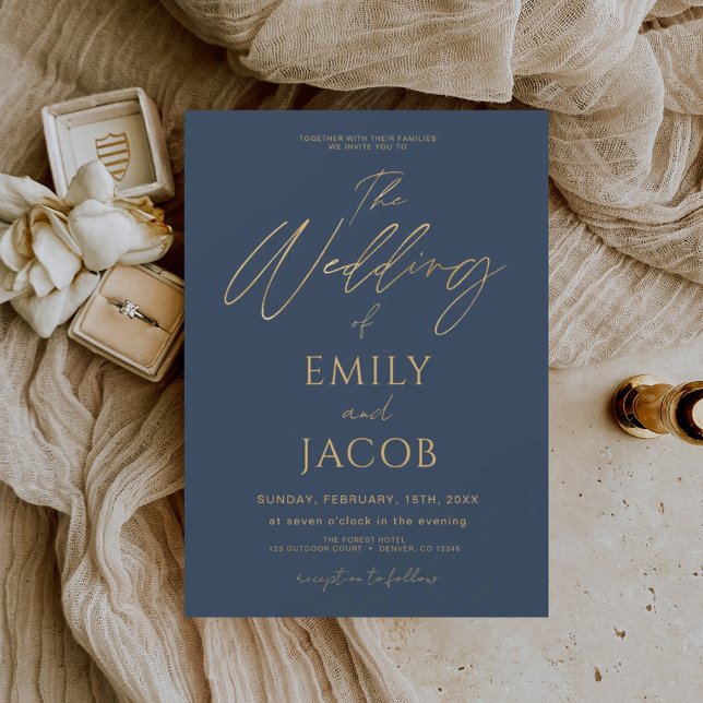 Navy Blue Gold Wedding Modern Typography Script Invitation (Creator Uploaded)