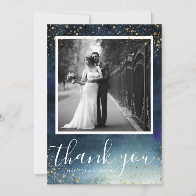 Navy Blue Gold Wedding Photo Thank You Card (Front)