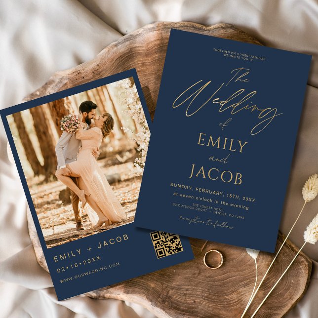 Navy Blue Gold Wedding QR Code Photo Script Invitation (Creator Uploaded)