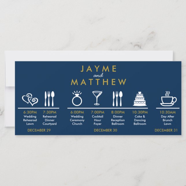 Navy Blue Gold Wedding Timeline Welcome Bag Note (Front)