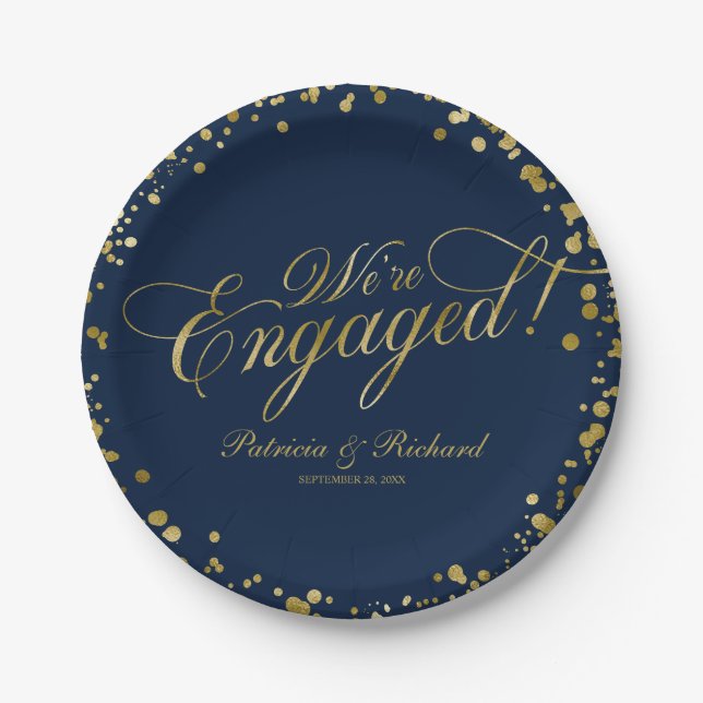 Navy Blue Gold We're Engaged Engagement Party Paper Plate (Front)