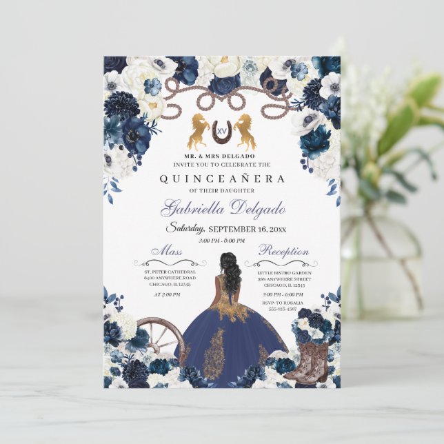 Navy Blue Gold Western Charra Ranchero Quinceanera Invitation (Standing Front)