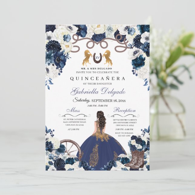 Navy Blue Gold Western Charra Ranchero Quinceanera Invitation (Standing Front)
