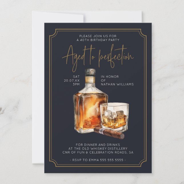 Navy Blue Gold Whiskey Bottle Birthday Invitation  (Front)