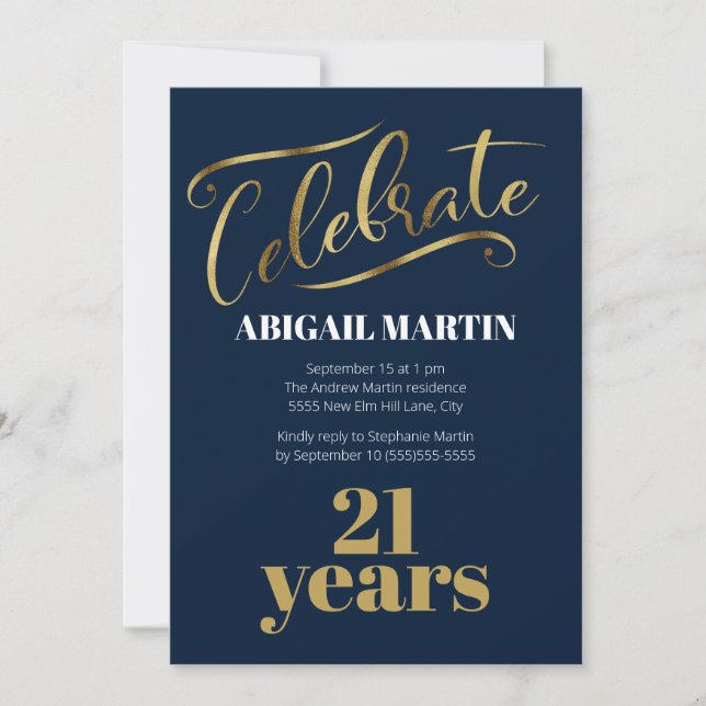 Navy Blue Gold White 21st Birthday Party Invitation (Front)