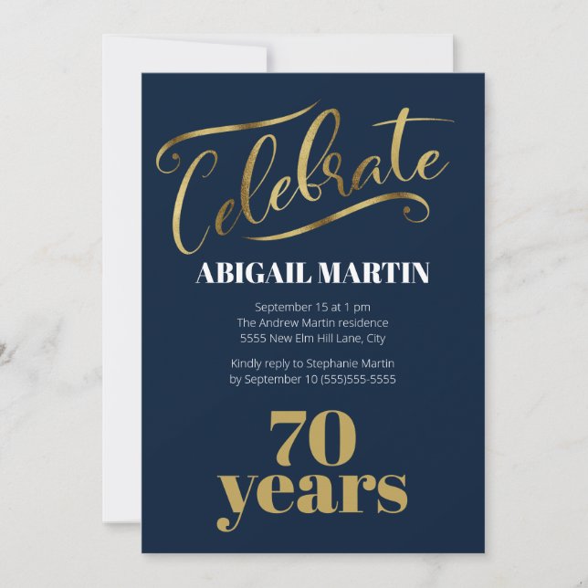Navy Blue Gold White 70th Birthday Party Invitation (Front)