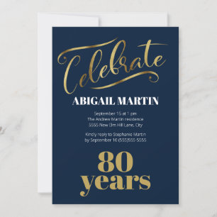 Navy Blue Gold White 80th Birthday Party Invitation