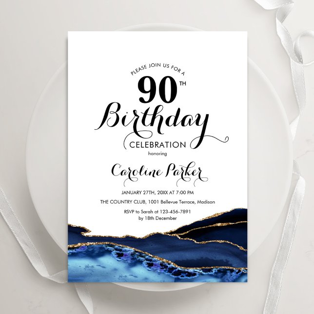 Navy Blue Gold White Agate 90th Birthday Invitation (Creator Uploaded)