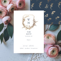 Navy Blue Gold White classic floral crest wedding