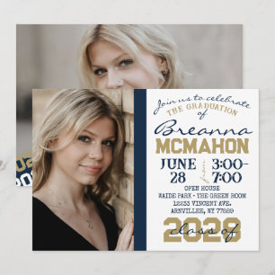 Navy Blue Gold White Graduation 2 Photo Invitation