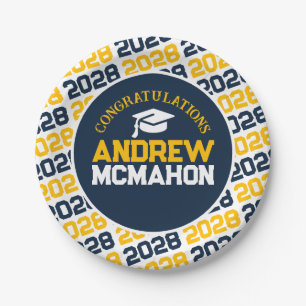 Navy Blue, Gold & White Graduation Personalized Paper Plate