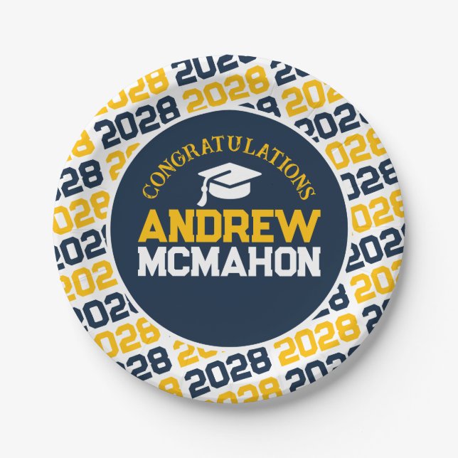 Navy Blue, Gold & White Graduation Personalized Paper Plate (Front)
