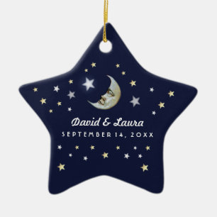 Navy Blue Gold & White Moon & Stars Wedding Custom Ceramic Ornament