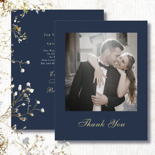 Navy Blue Gold White Script Thank You Wedding  Invitation