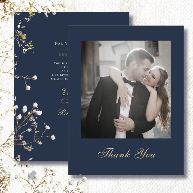 Navy Blue Gold White Script Thank You Wedding  Invitation (Creator Uploaded)