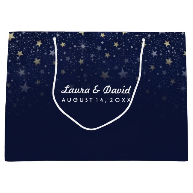 Navy Blue Gold & White Stars Matching Wedding Large Gift Bag (Front)