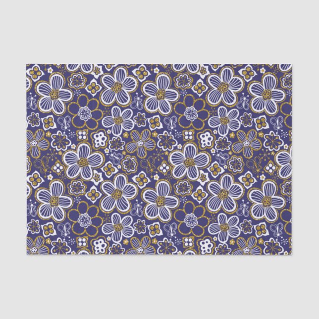 Navy Blue, Gold, White Whimsical Floral Flower Tissue Paper (Front)
