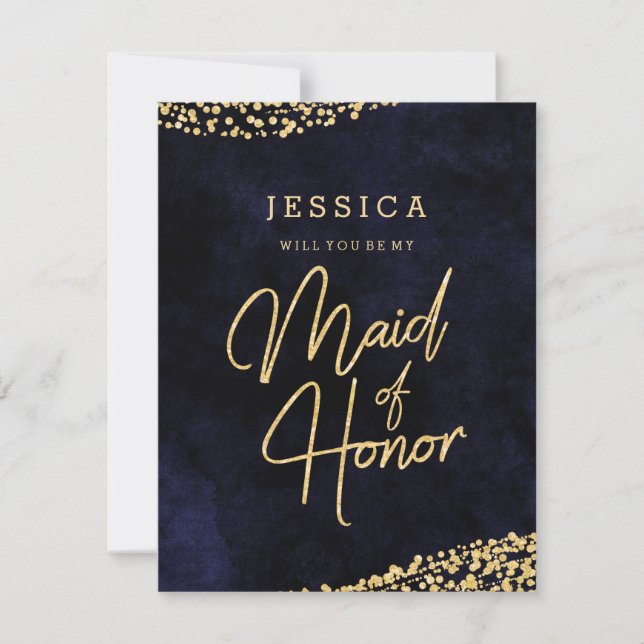Navy Blue & Gold Will You Be My Maid of Honour Invitation (Front)