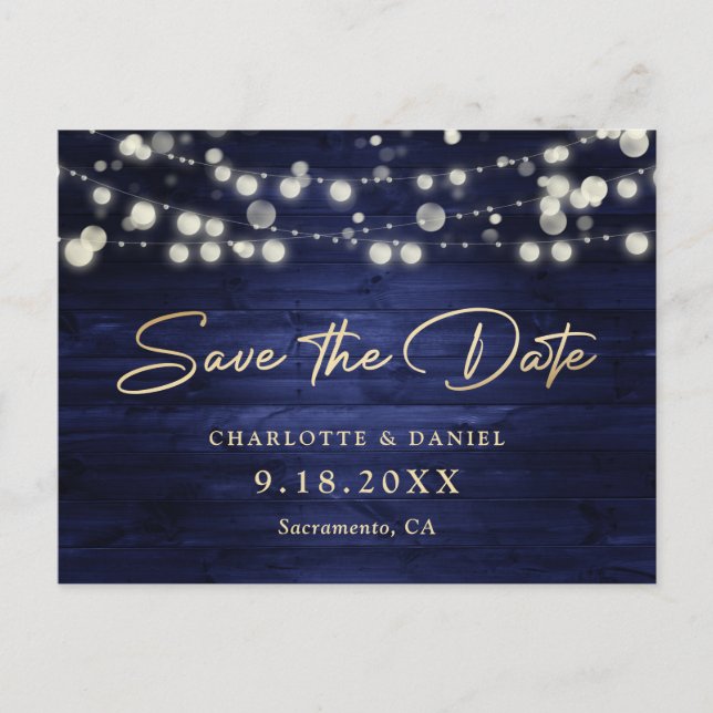 Navy Blue Gold Wood String Lights Script Wedding Announcement Postcard (Front)