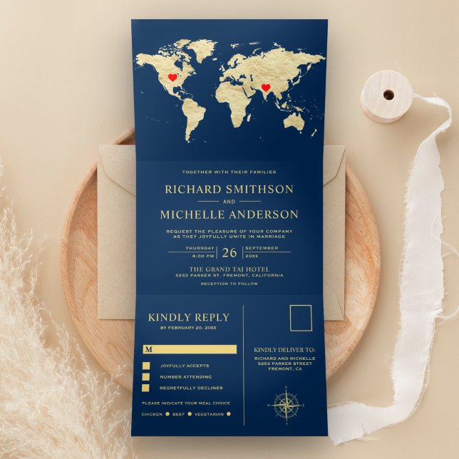 Navy Blue Gold World Map All in One Wedding Tri-Fold Invitation (Creator Uploaded)