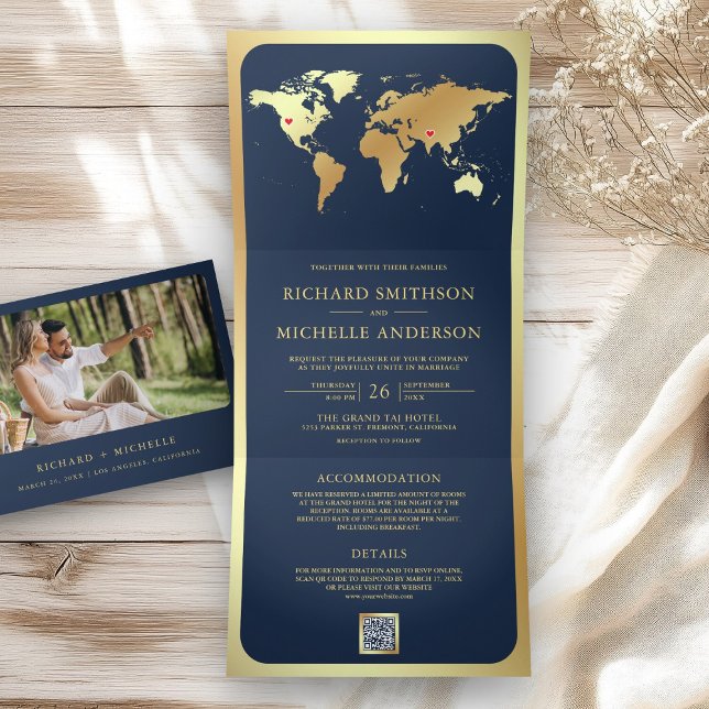 Navy Blue Gold World Map QR Code Photo Wedding Tri-Fold Invitation (Creator Uploaded)