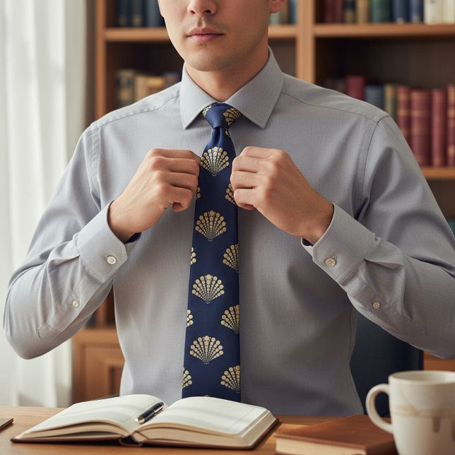 Navy Blue Gold Yellow Mermaid Sea Shells Pattern Tie (Creator Uploaded)