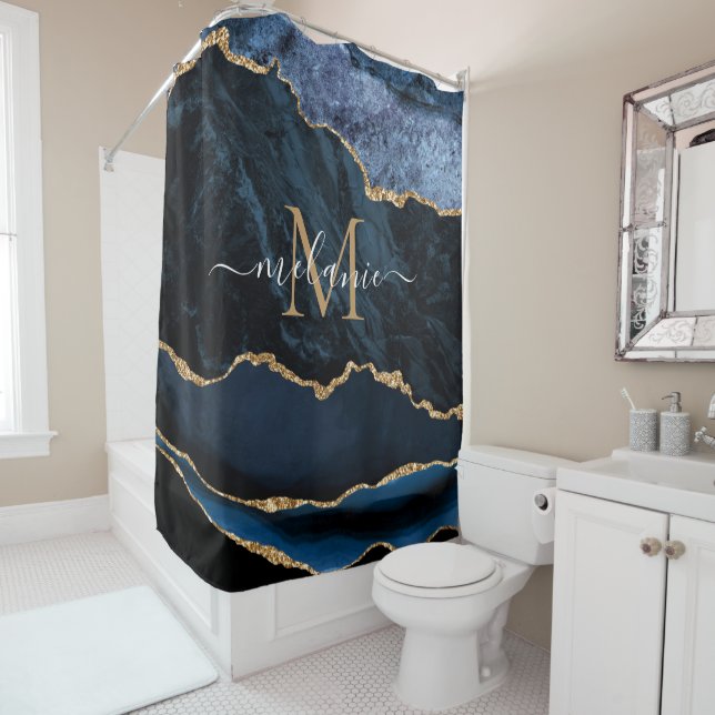 Navy Blue Gold Your Letter Name Shower Curtain (In Situ)