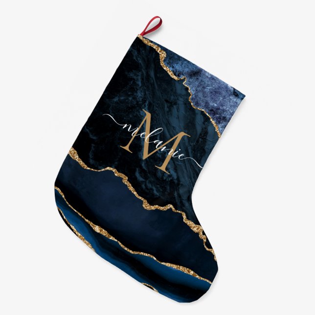 Navy Blue Gold Your Name Letter Christmas Stocking (Front (Hanging))