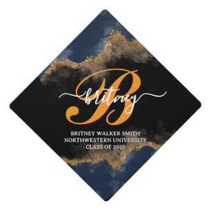 Navy Blue Golden glitter Monogram  Graduation Cap Topper