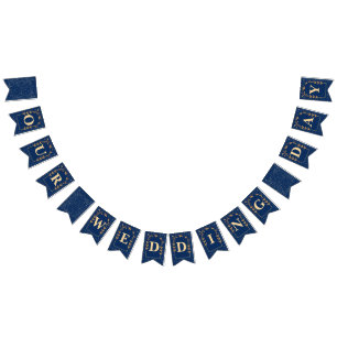 Navy Blue Golden Glitter Our Wedding Day Bunting Flags