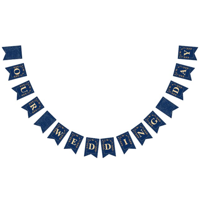 Navy Blue Golden Glitter Our Wedding Day Bunting Flags (All)