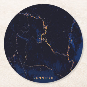 Navy Blue Golden Marble Round Paper Coaster