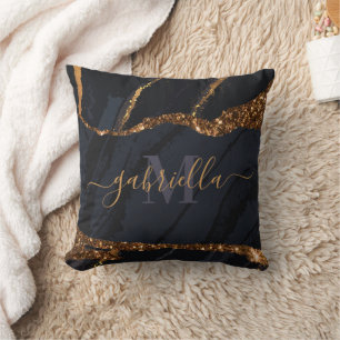 Navy Blue Golden Marble Throw Pillow