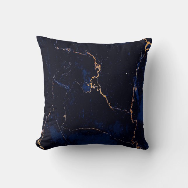 Navy Blue Golden Marble Throw Pillow (Front)