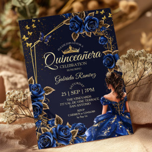 Navy Blue Golden Roses Butterflies Quinceañera Invitation