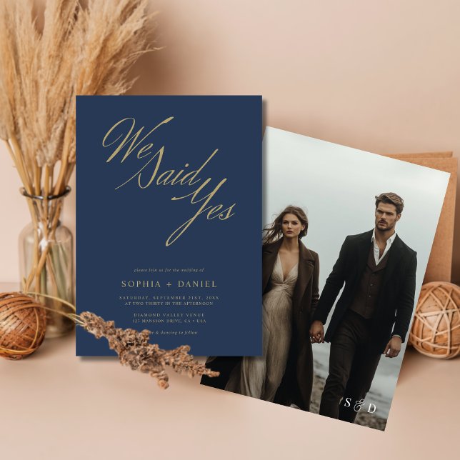 Navy Blue Golden Script We Said Yes Budget Wedding Invitation (Creator Uploaded)